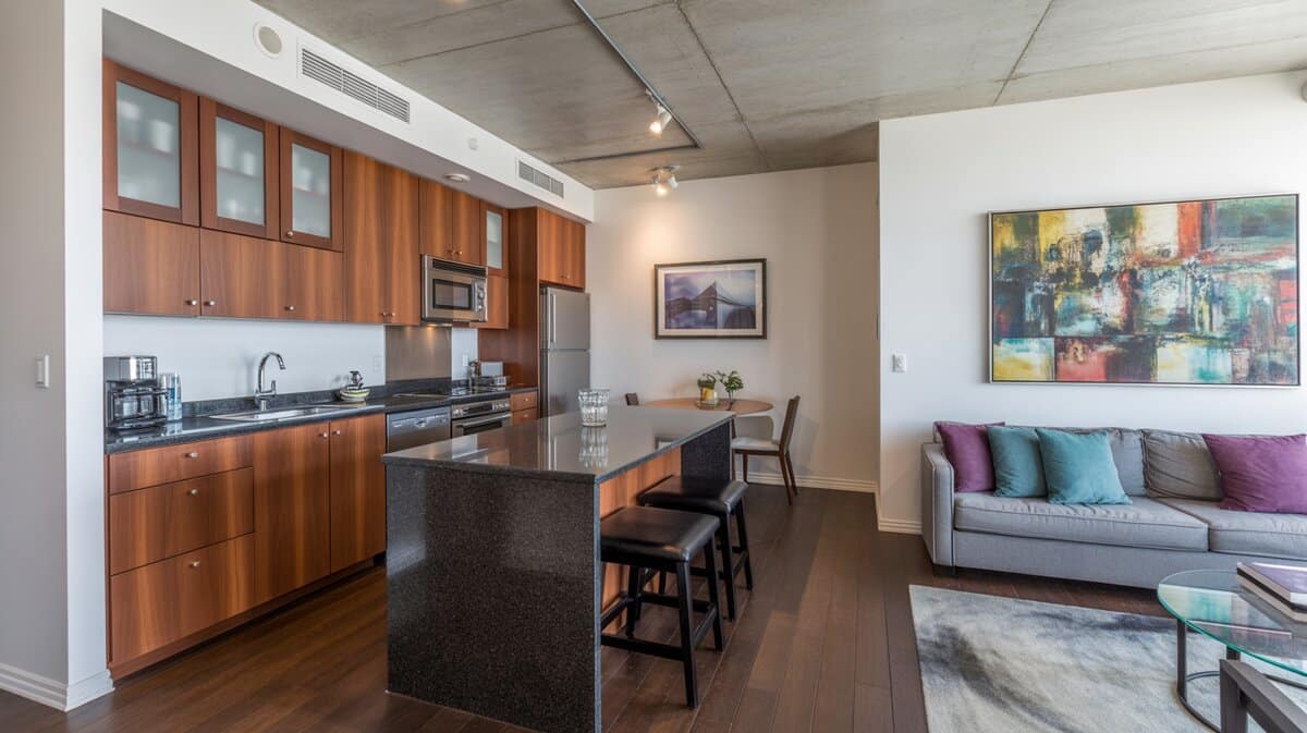 Small condo kitchen with walnut cabinets, dark granite island, exposed concrete ceiling, and colorful artwork