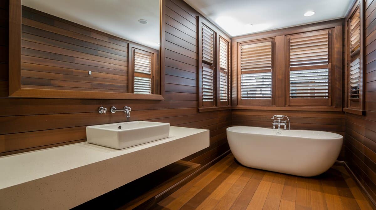 Spa-style bathroom with dark walnut stained shiplap walls, vessel sink, and oval soaker tub