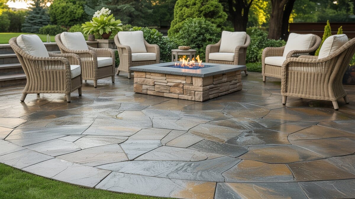 Stamped concrete patio with stone flagging pattern, round wicker chairs, and a central fire feature with lush garden backdrop