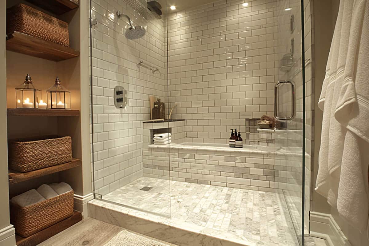 Wet room with shower and tub inside