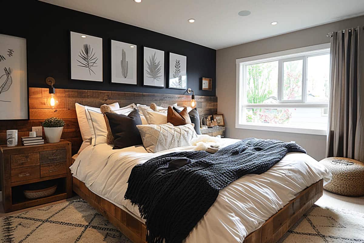 Stylish bedroom design with extra large plank headboard, gray paint and wall in black