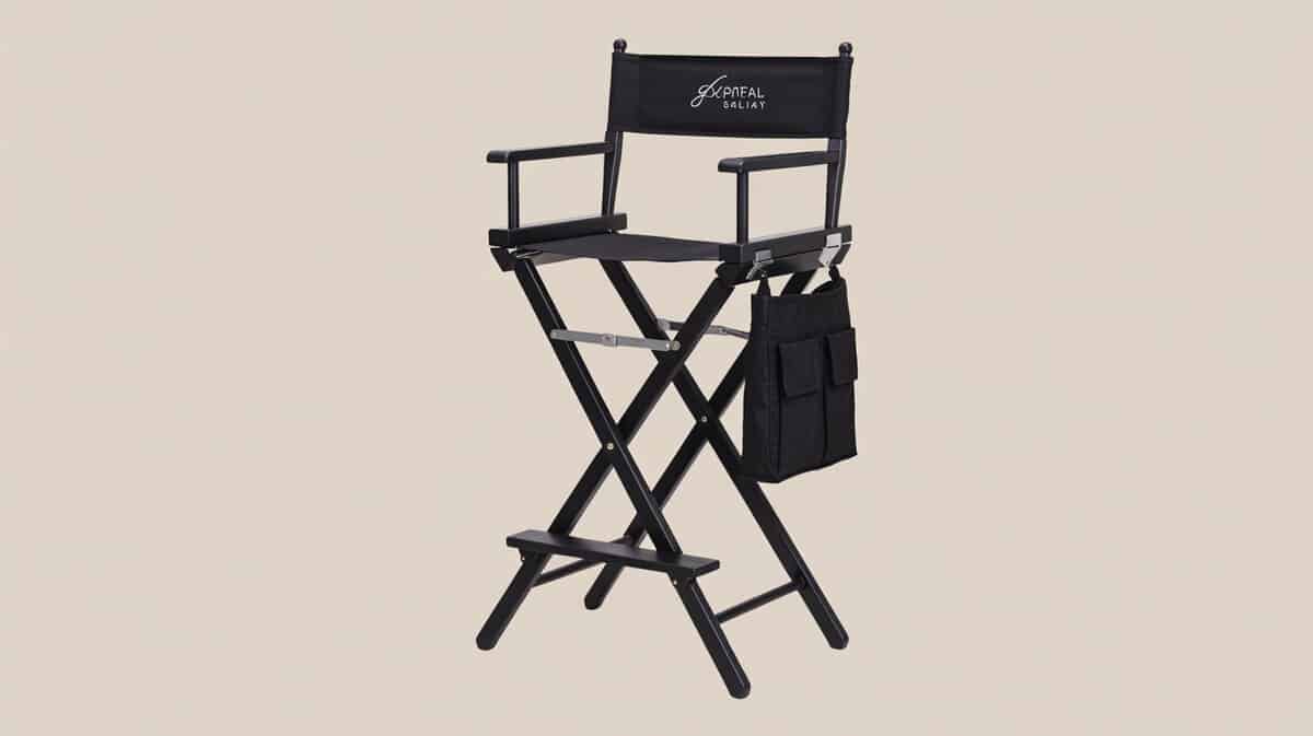 Tall black directors makeup chair with folding frame and side pouch