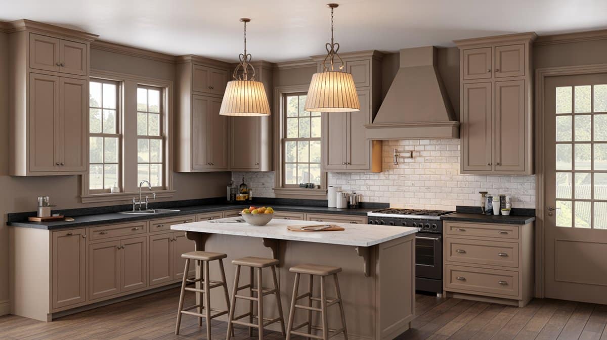 Taupe raised-panel cabinets with pleated fabric pendants, dark soapstone perimeter counters, and warm wood plank floors.
