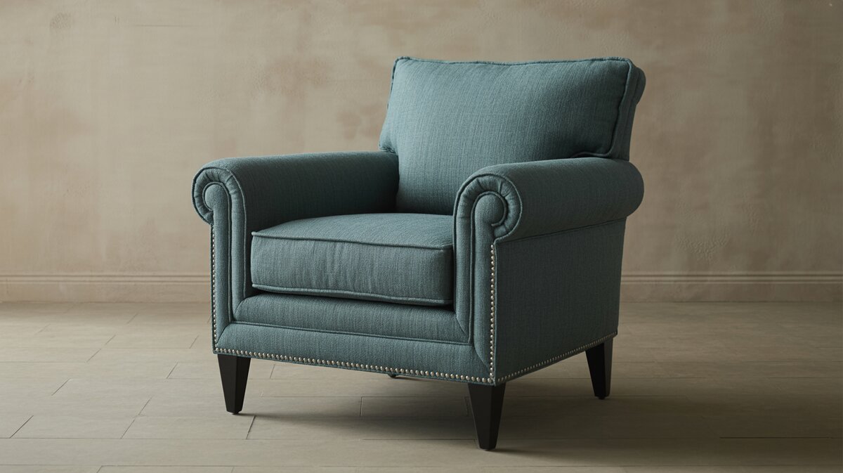Teal English rolled arm chair with nailhead trim
