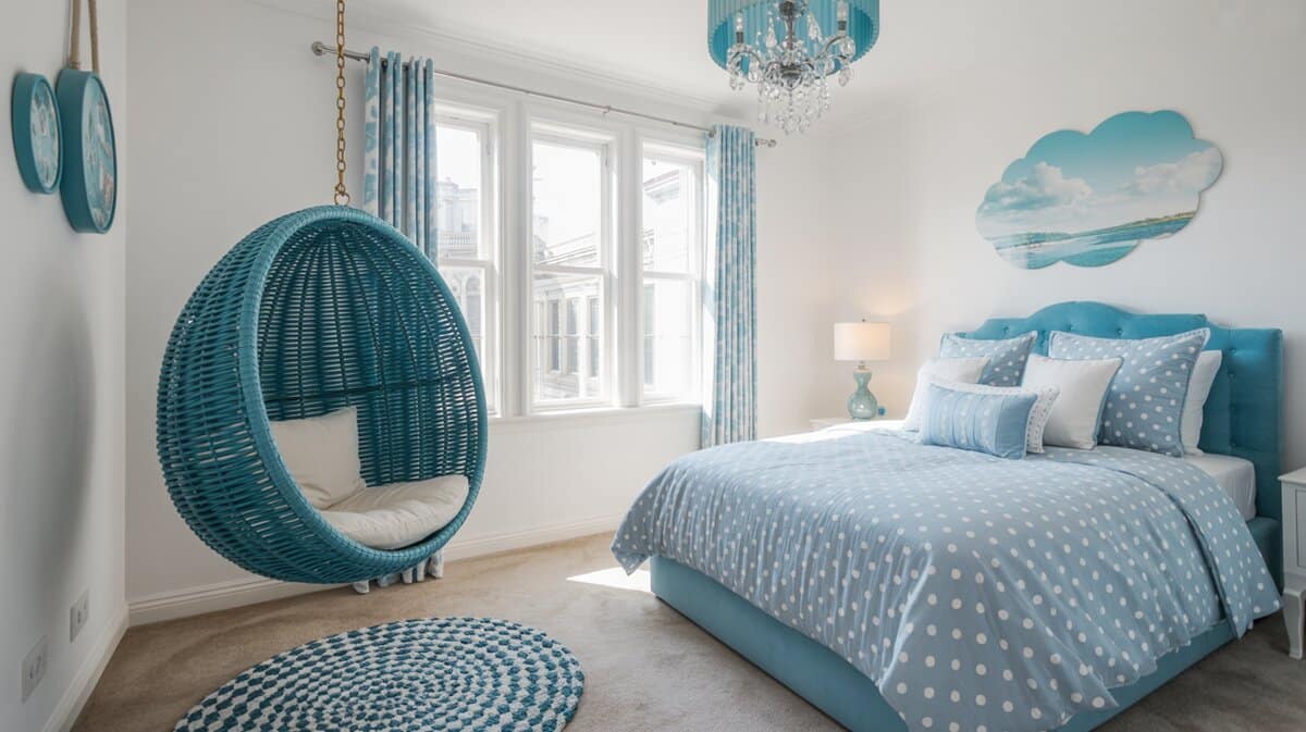 Teal hanging egg chair suspended in girls bedroom