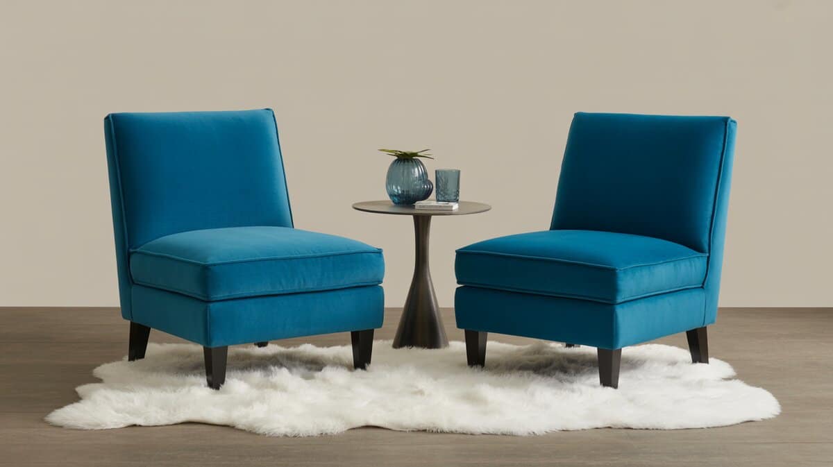 Teal velvet armless slipper chairs pair on shag rug