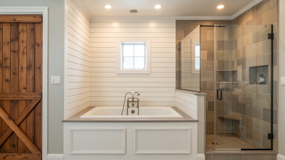 Traditional bathroom with white shiplap tub niche and glass shower enclosure