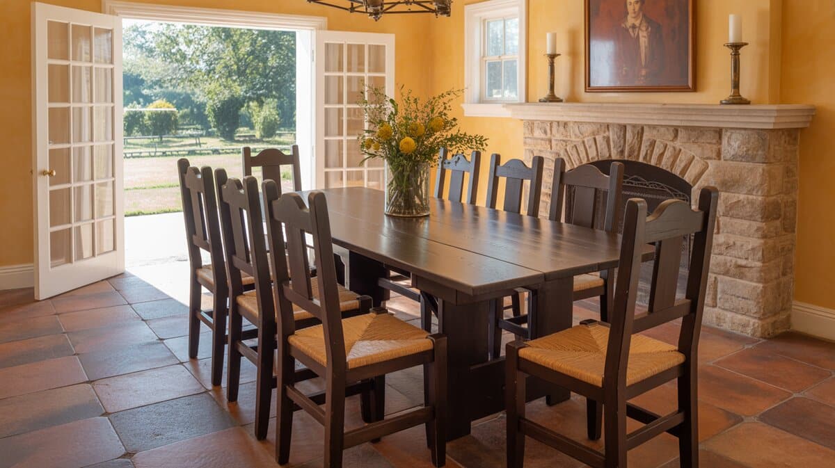 Traditional country dining room with dark wood mission chairs