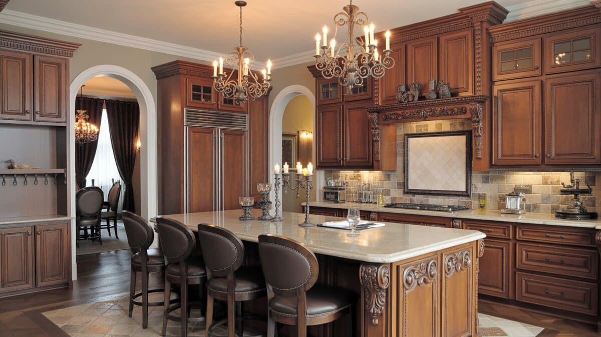 Traditional interior design kitchen with dark wood carved island and candelabra chandeliers