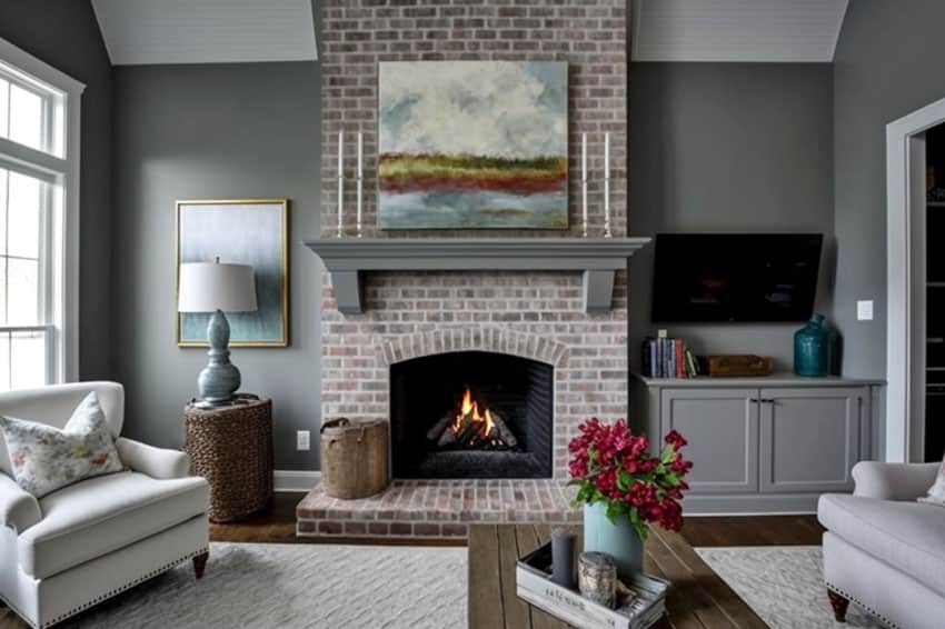 Traditional living room with gray brick fireplace, gray-wall paint and linen arm chairs