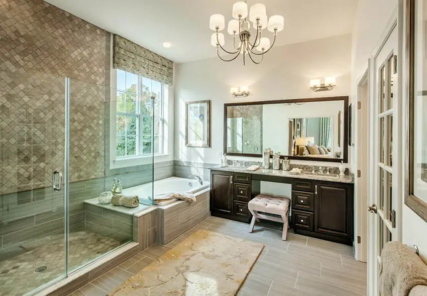Traditional master bathroom with porcelain flooring and stone shower