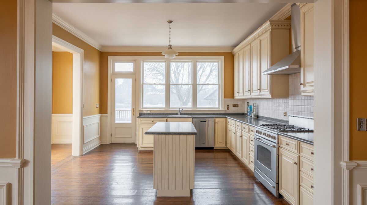 Traditional cream kitchen viewed through framed doorway with columns and golden painted walls