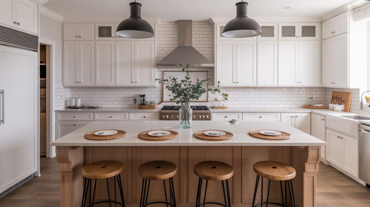 Transitional interior design kitchen with white shaker island, black dome pendants, and wood stools