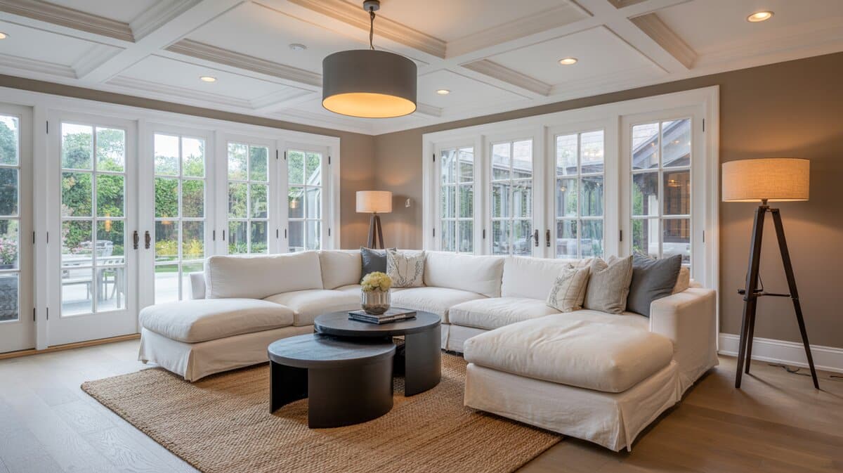 Transitional interior design living room with white coffered ceiling, sectional sofa, and floor to ceiling windows