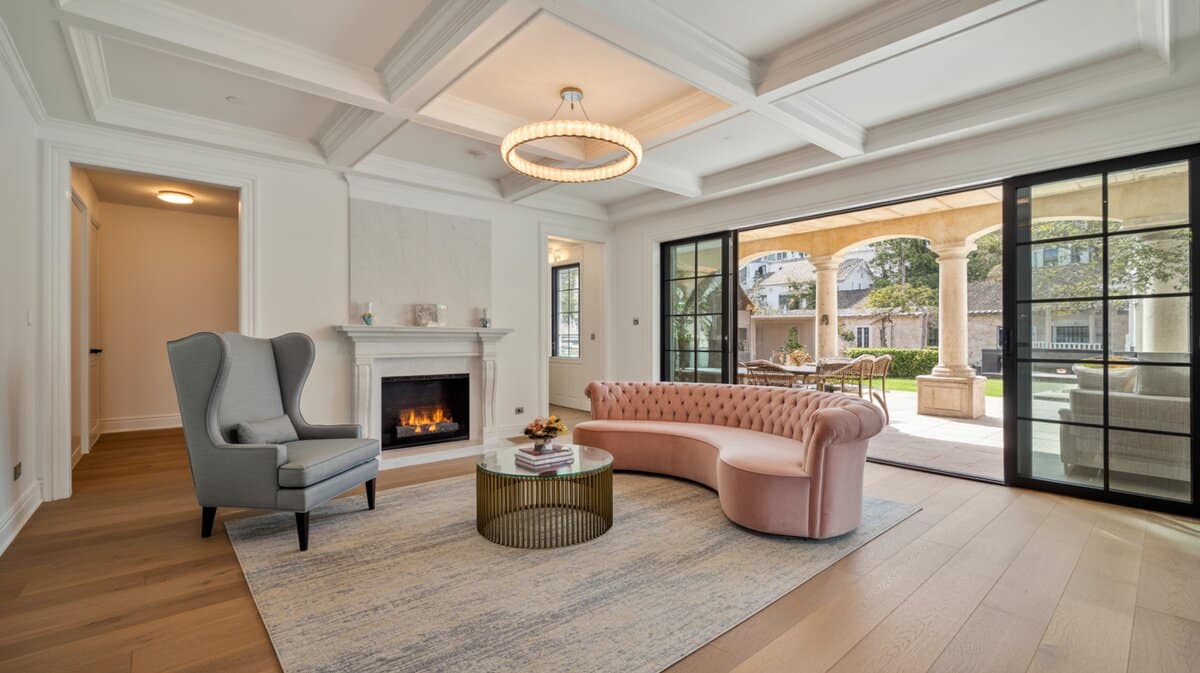 Transitional living room with wingback chair, tufted sofa, and coffered ceiling