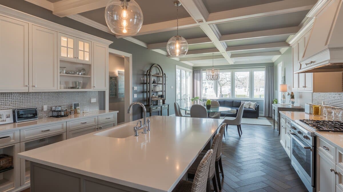 Transitional kitchen with white cabinets, gray coffered ceiling, herringbone floor, and large globe pendants