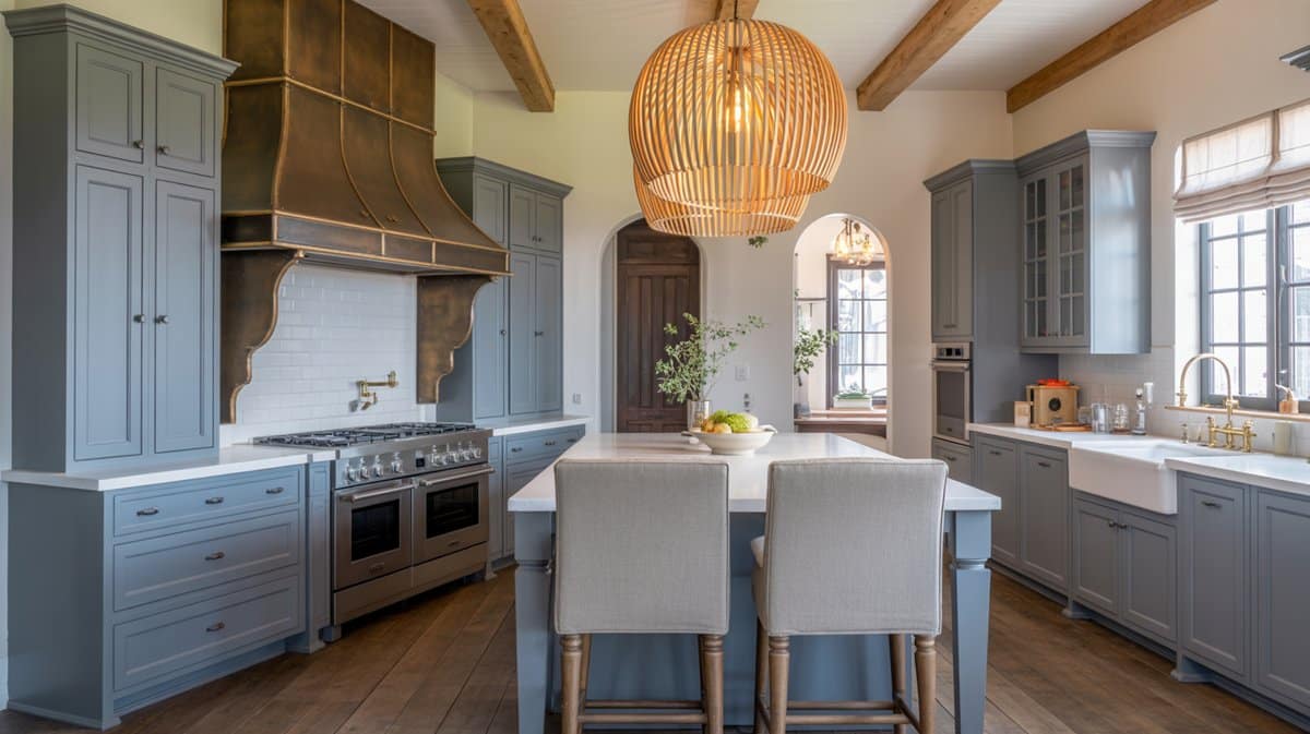 Pale blue-gray inset cabinets with brass range hood, woven pendant light, wood-beam ceiling, and white quartz island.