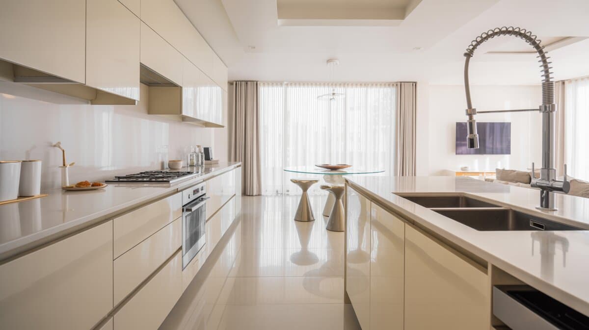 Ultra-modern all-white galley kitchen with spring neck faucet metallic barstools and glossy floor