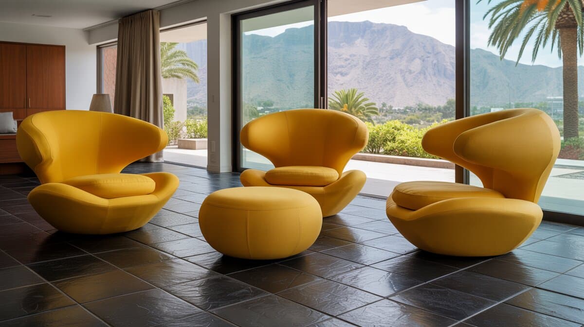 Unique yellow mushroom pod chairs and ottomans in modernist living room