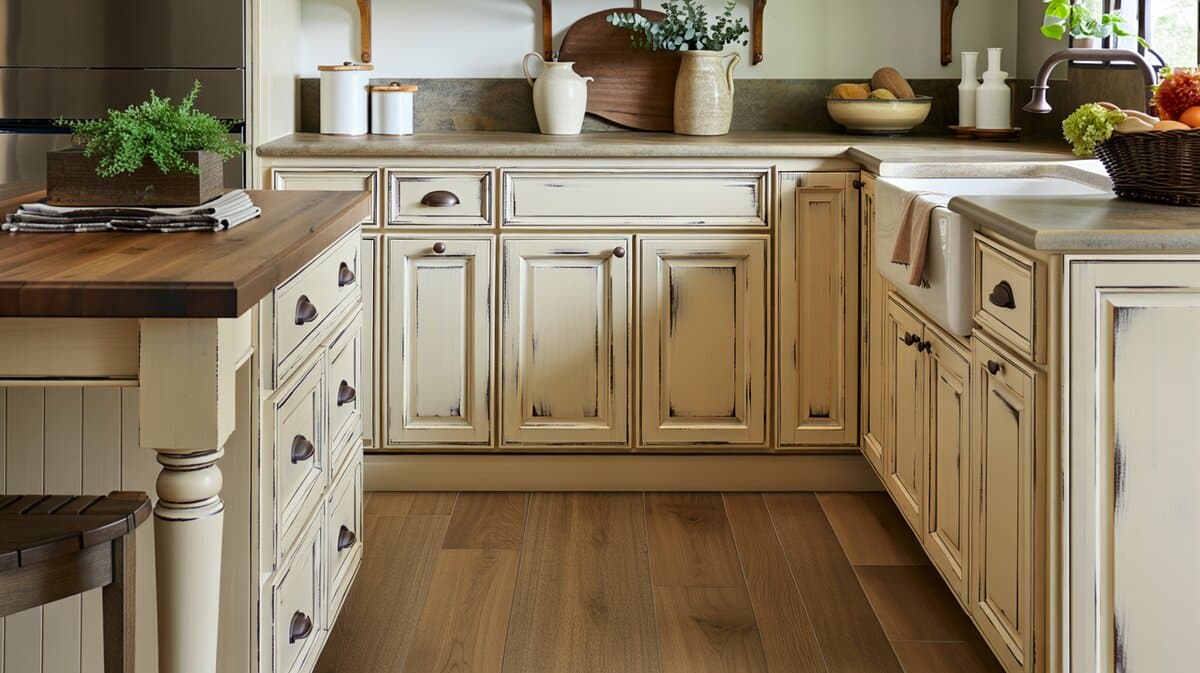 Distressed cream paint on cabinets