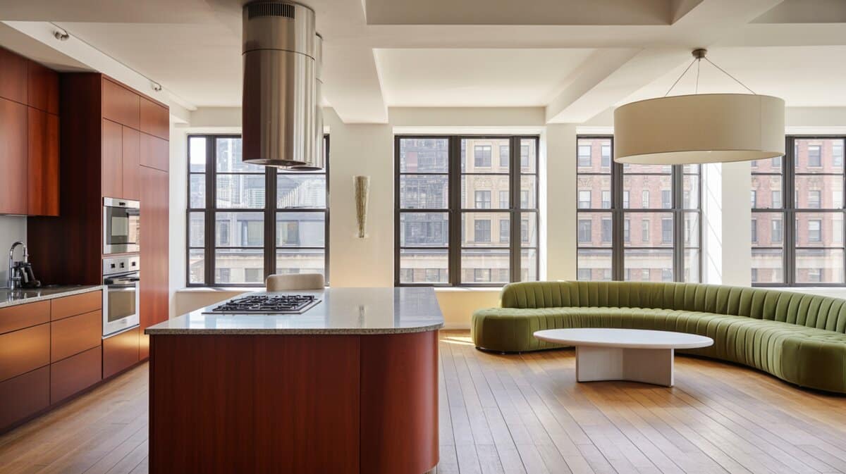 Urban loft kitchen with cherry cabinets, cylindrical hood, and curved green velvet sofa with city views