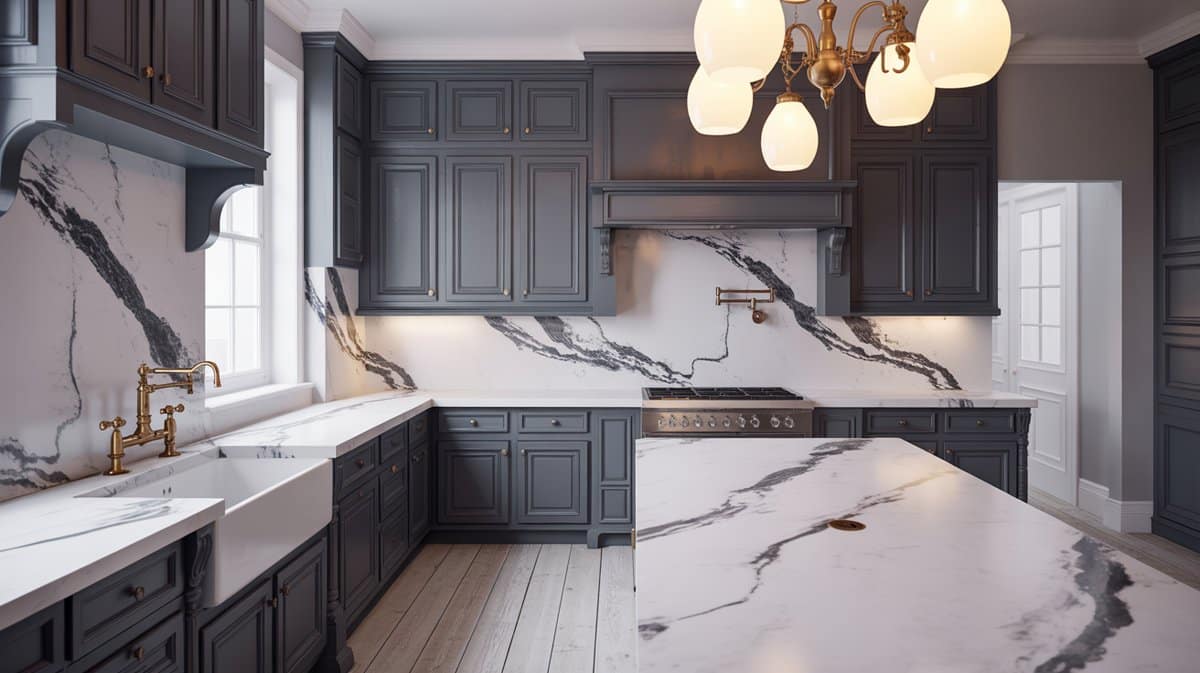 Dark charcoal inset cabinets with dramatic marble slab counters, brass orb chandelier, and farmhouse sink.