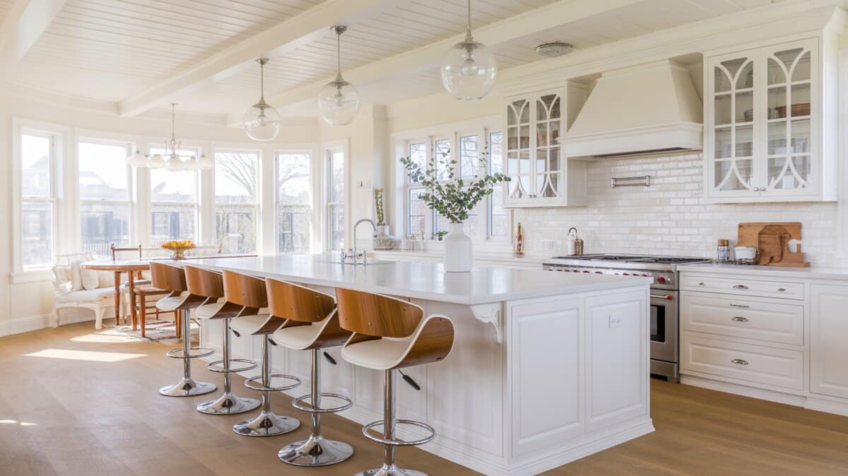 White kitchen island with bent wood swivel bar stools and chrome base