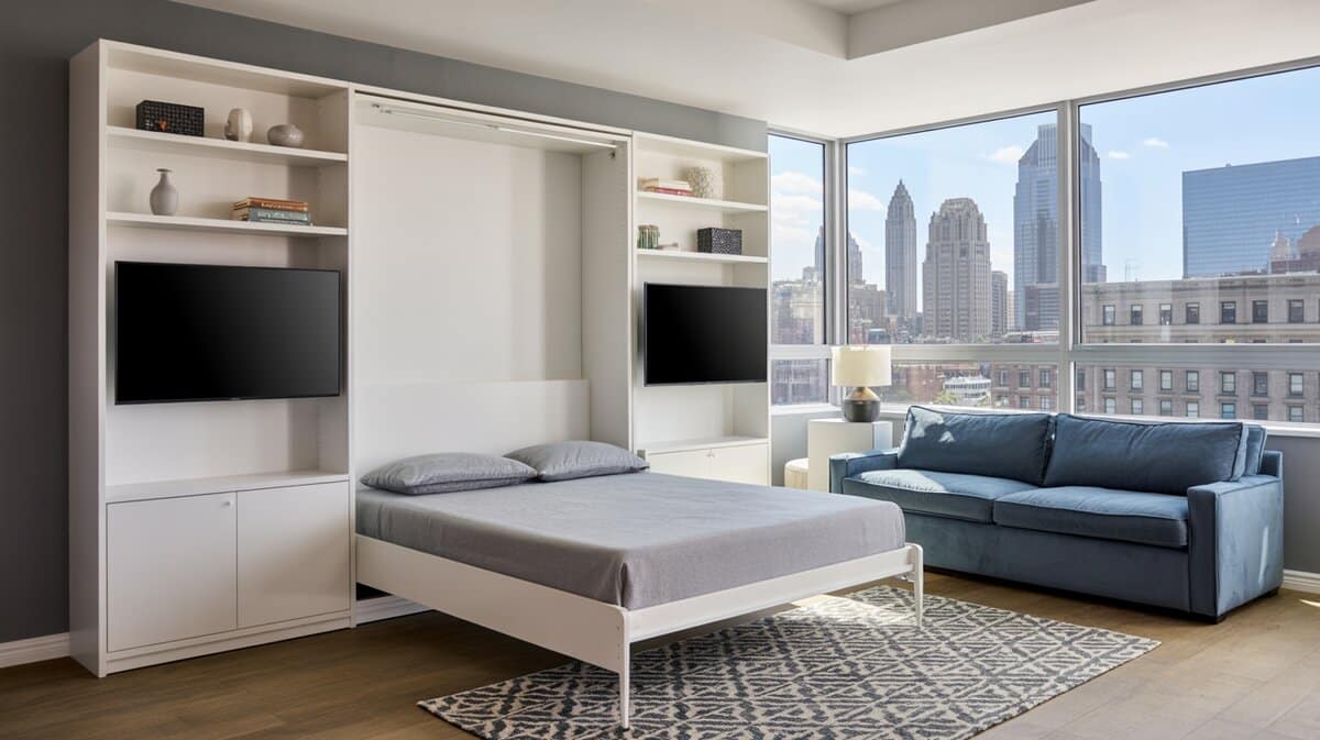 Contemporary studio apartment with white wall-mounted Murphy bed, built-in shelving with dual TVs and city view windows