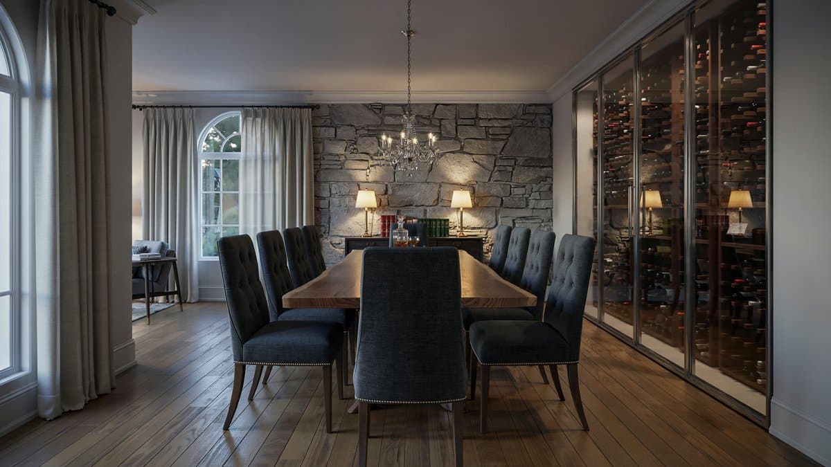 Formal dining room with hardwood floors, stone accent wall and glass wine cellar