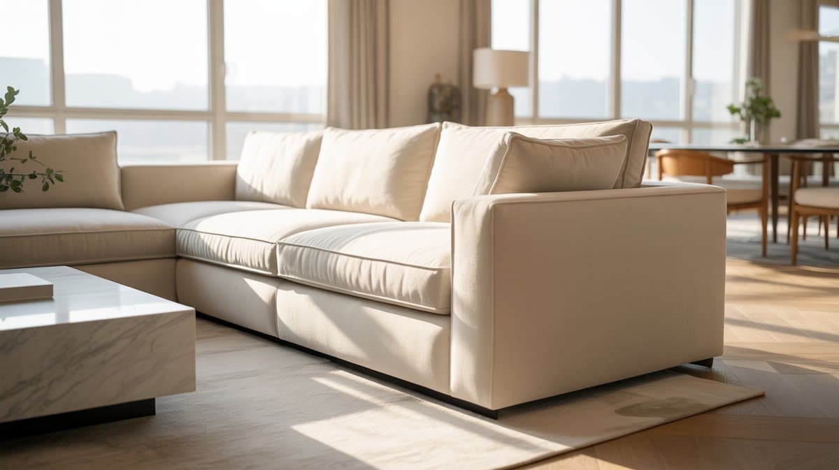 Cream sectional sofa bathed in warm sunlight beside a bright apartment window