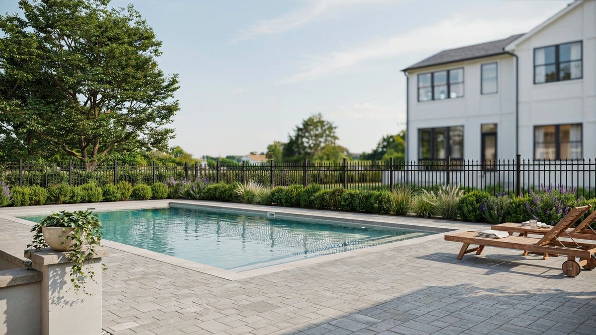 Black ornamental metal pool fence set between low concrete pillars beside water