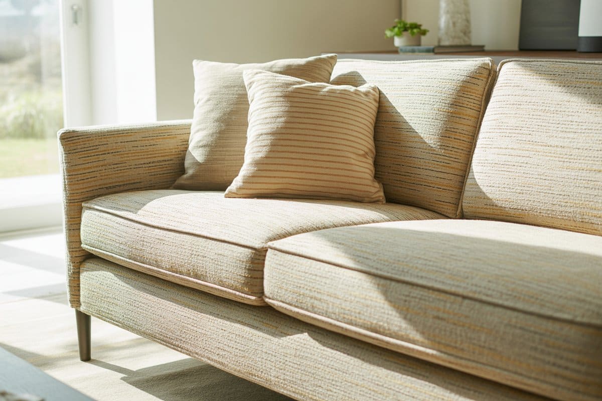 Beige woven cotton blend sofa with textured stripe cushions in sunlight