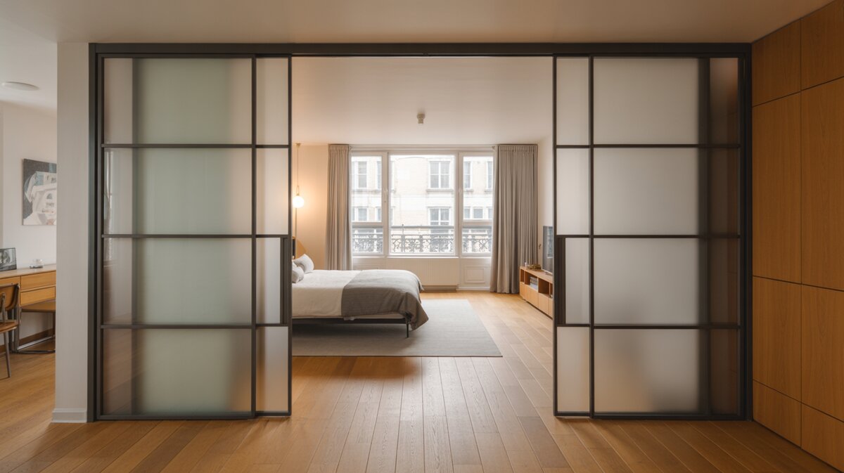 Contemporary studio with floor-to-ceiling frosted glass sliding panel doors dividing bedroom and living areas