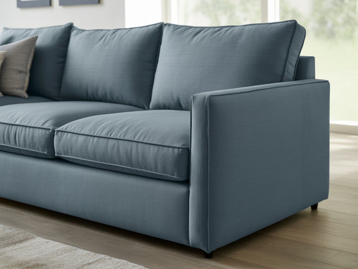 Blue gray polyester cotton blend sofa with plush cushions on wood flooring