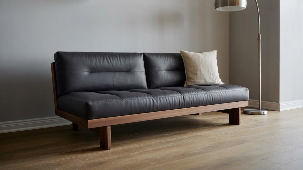 Contemporary low-profile platform futon with dark leather upholstery and walnut frame in minimalist studio