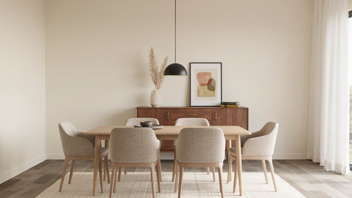 Contemporary dining room with wood-look luxury vinyl plank flooring and oak table