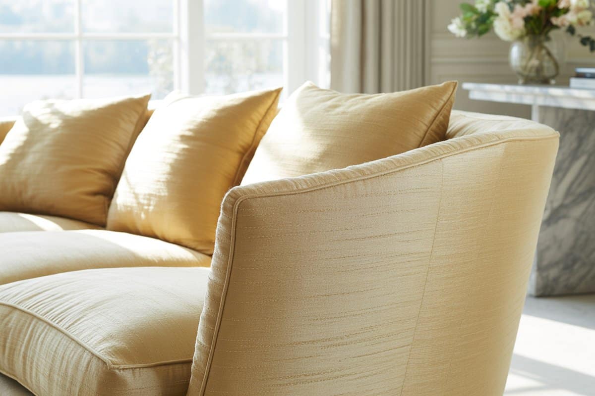 Champagne raw silk sofa with a soft sheen near a sunlit window