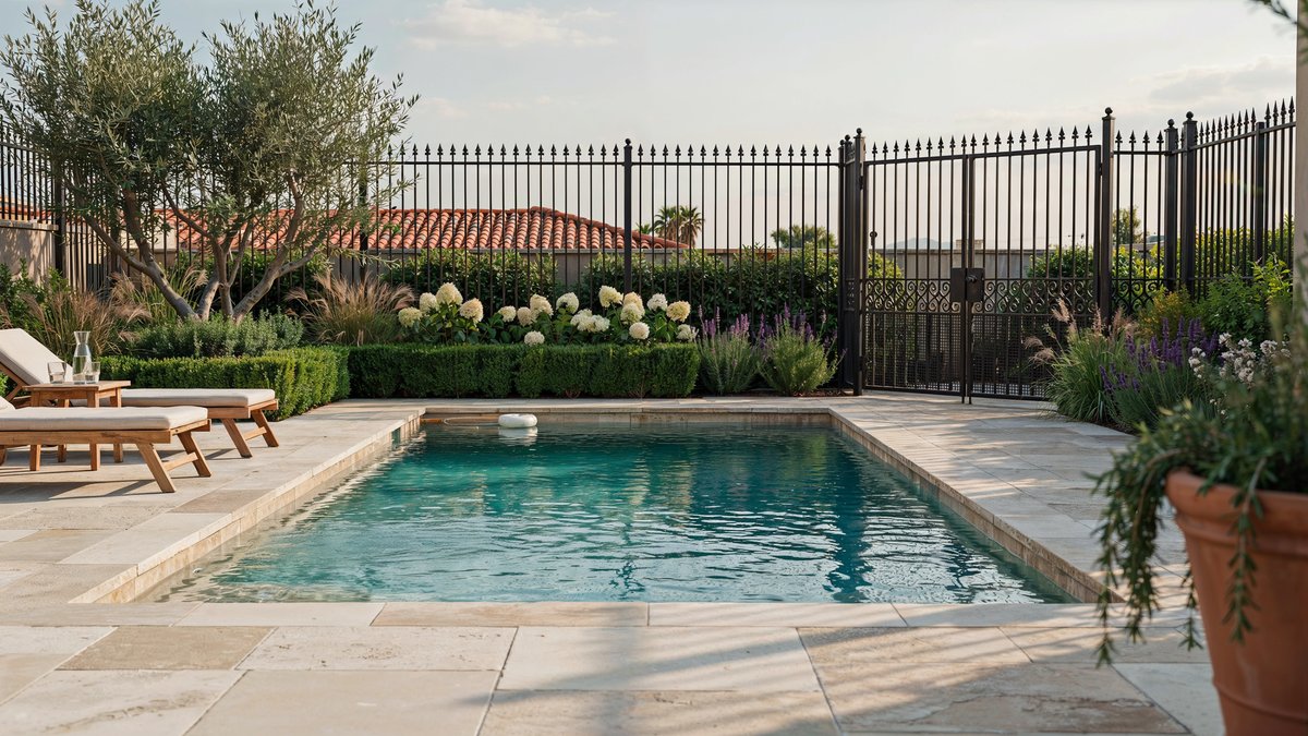 Tall black wrought iron fence with decorative pickets surrounding a garden pool
