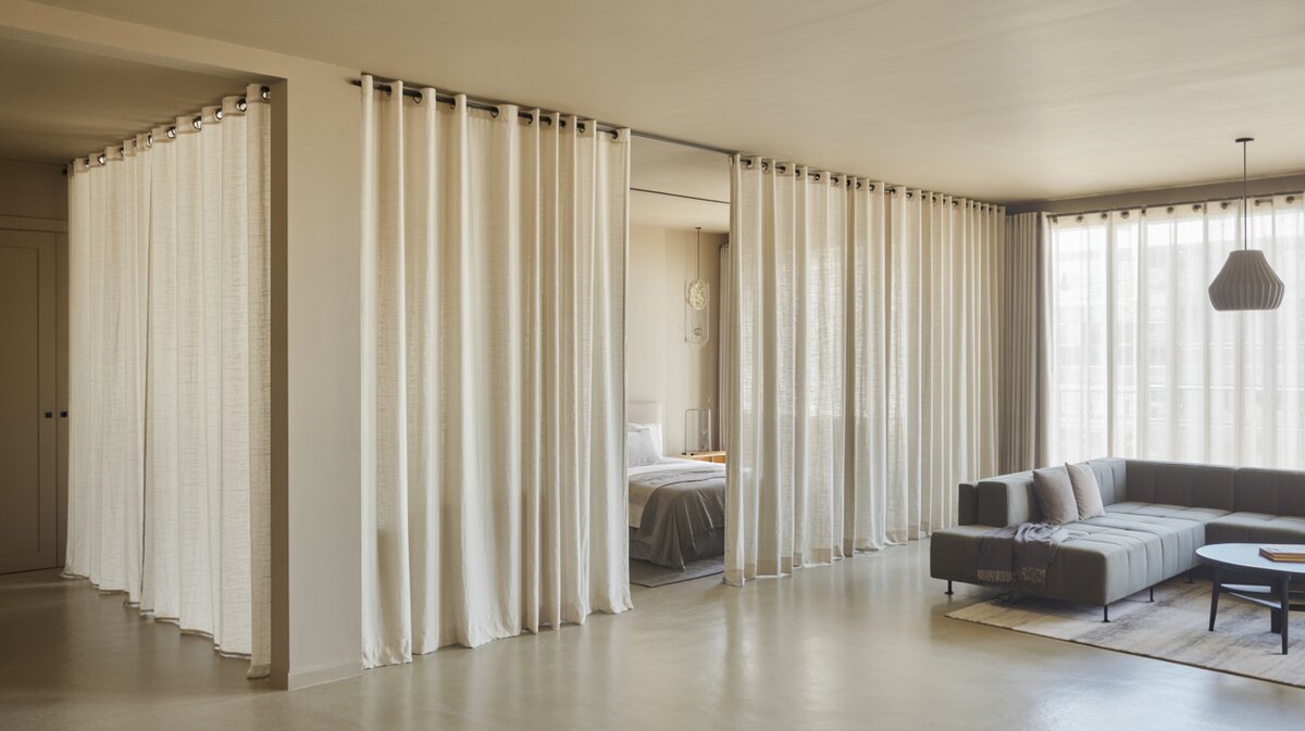 Contemporary studio apartment with floor-to-ceiling linen curtain panels on ceiling track used as room divider