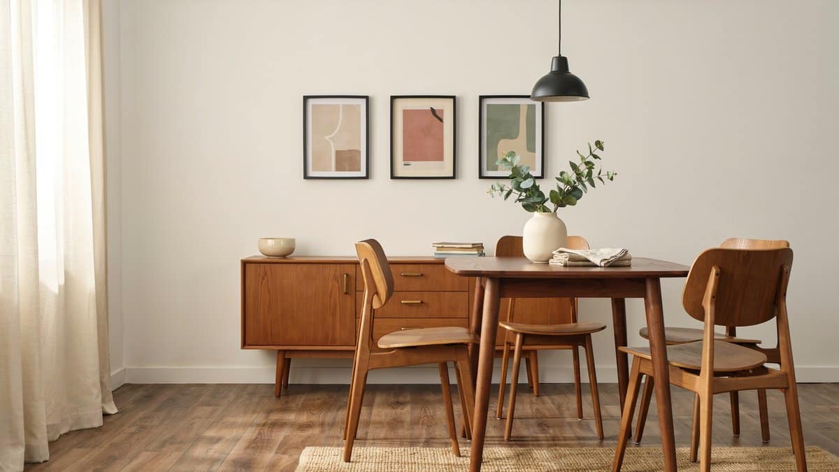 Modern dining room showing wood-look laminate flooring with mid-century table and chairs