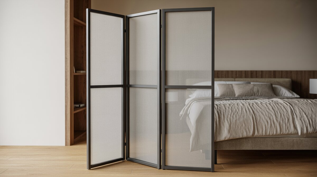 Contemporary dark frame frosted glass three-panel room divider screen with bedroom and warm wood headboard visible behind