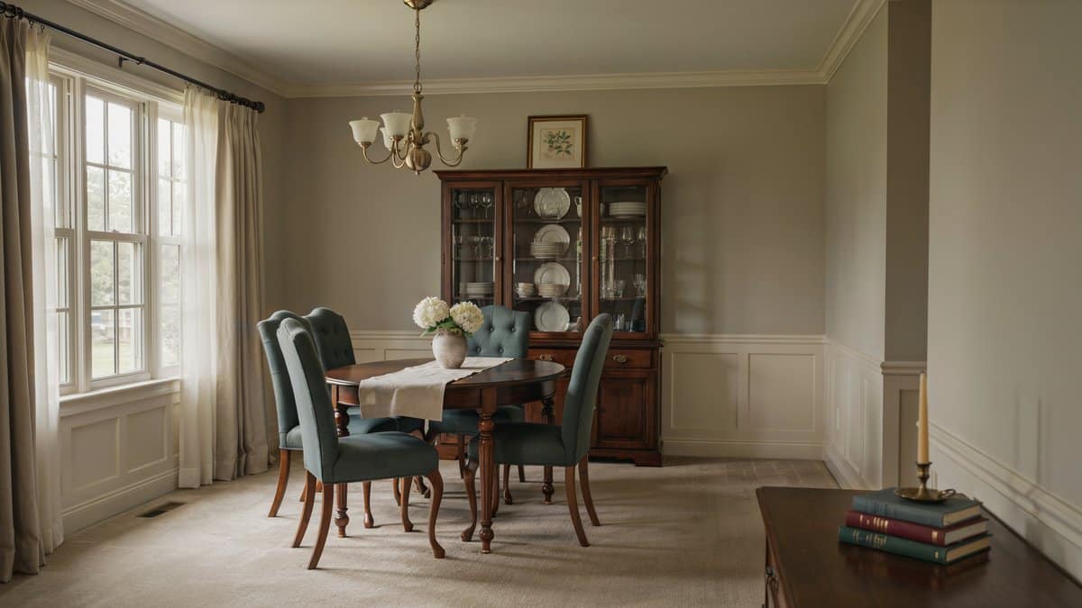 Traditional dining room with soft beige wall-to-wall carpeting and wood table