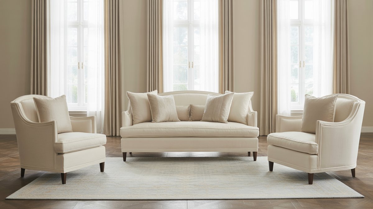 Off white fabric sofa flanked by matching armchairs in a formal room