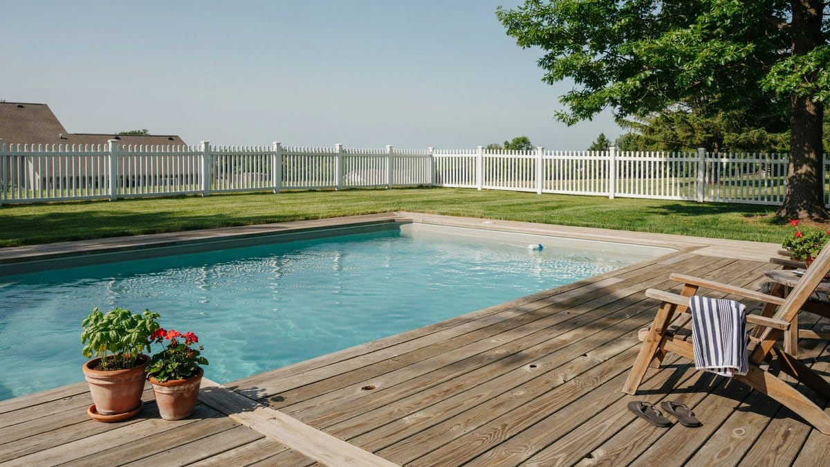Short white PVC picket fence around a pool with wooden deck