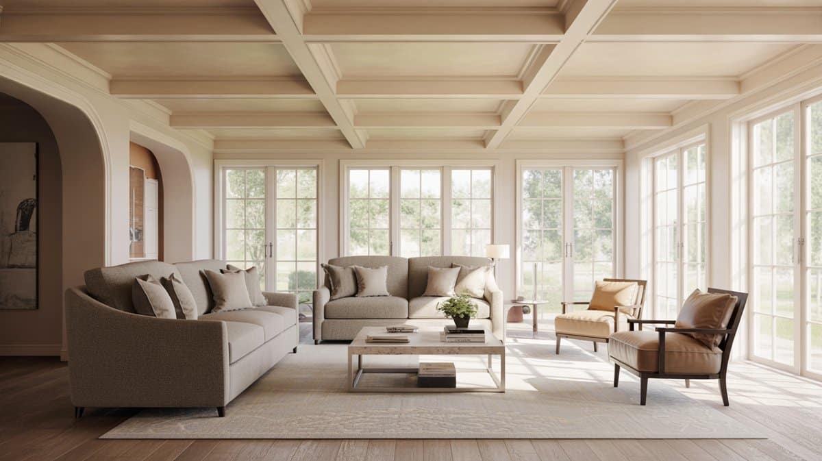 Neutral fabric sofas beneath a coffered ceiling in a sunlit living room