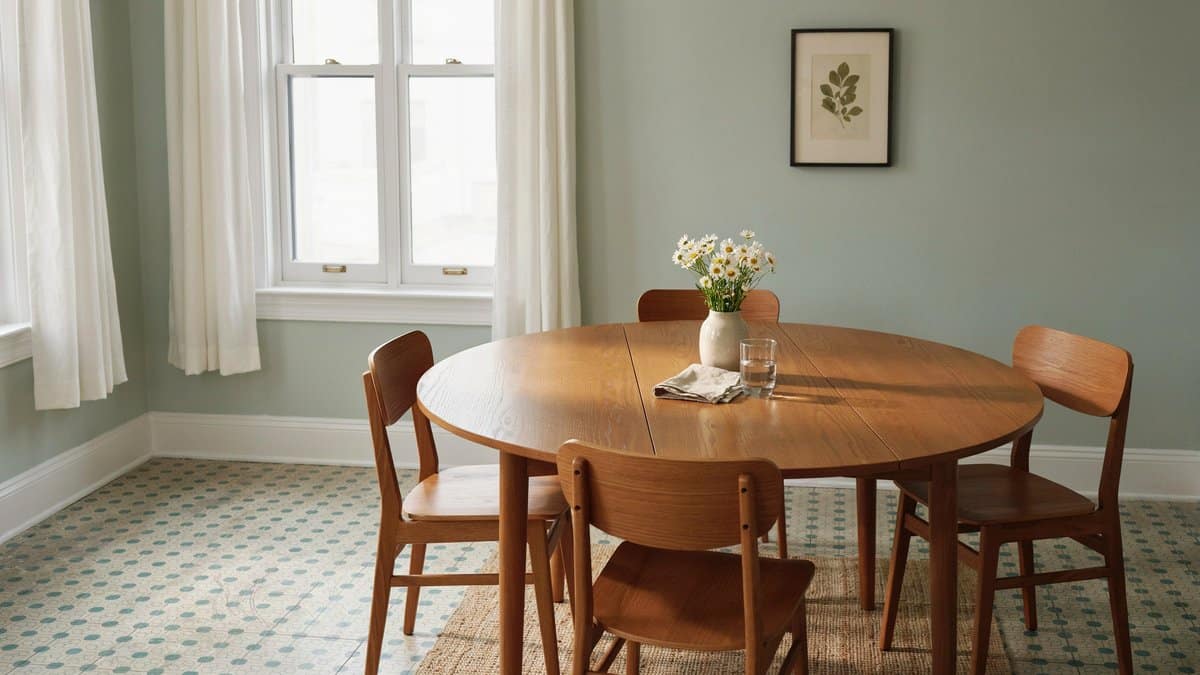 Casual dining room with patterned linoleum sheet flooring and round wood table