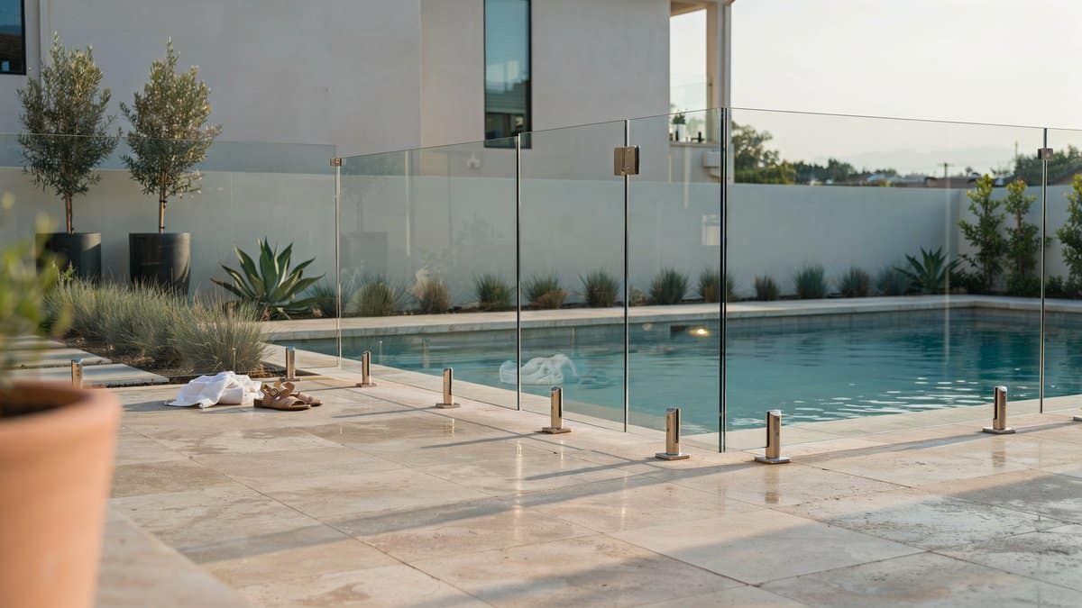 Frameless clear glass panel fencing on stainless spigots around a modern pool