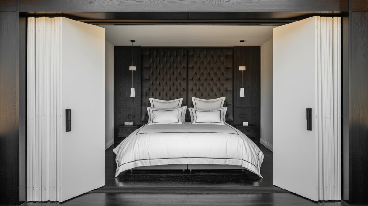 Contemporary bedroom alcove opened by sleek dark bi-fold panels with tufted headboard and crisp white hotel bedding