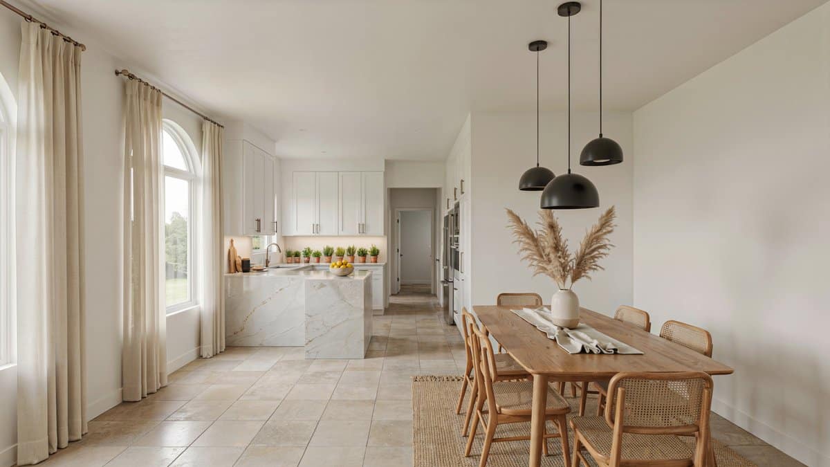 Open dining room with neutral ceramic tile flooring flowing from the kitchen