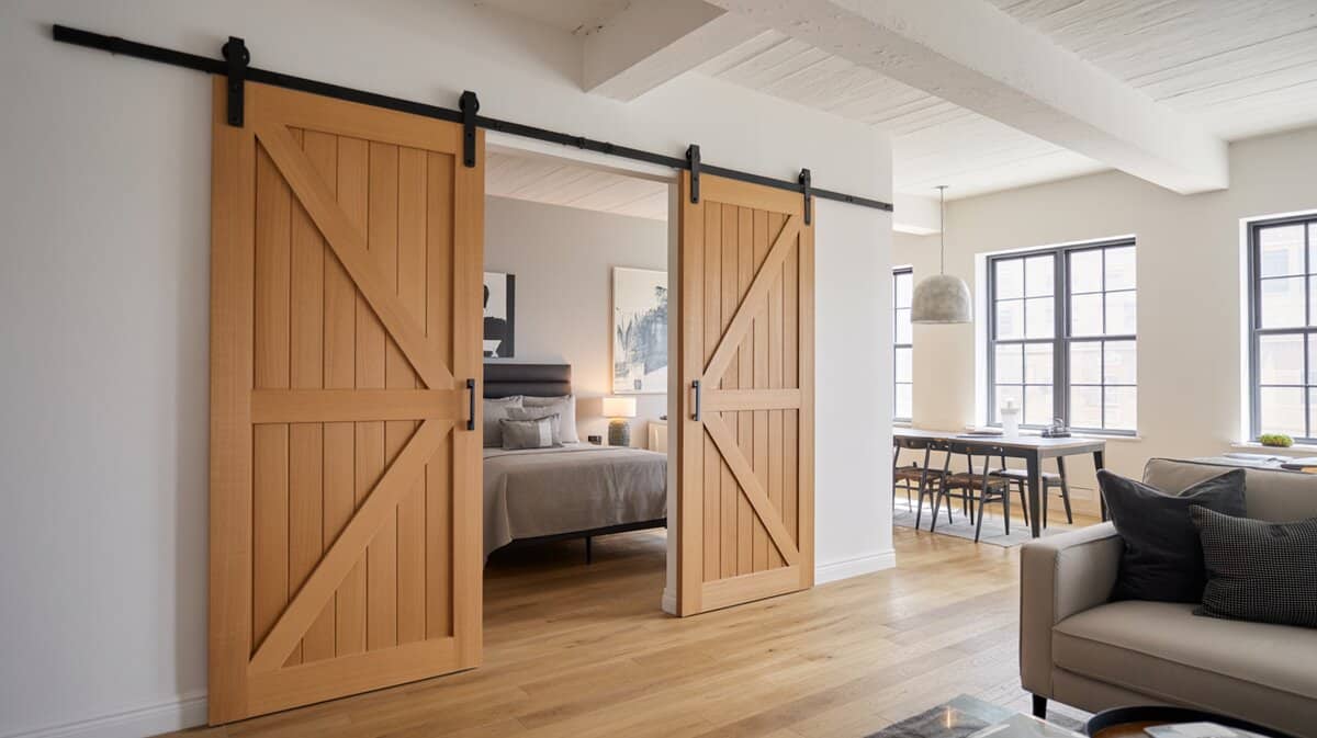 Contemporary loft apartment with light oak sliding barn doors on black steel ceiling track separating bedroom from open living and dining area
